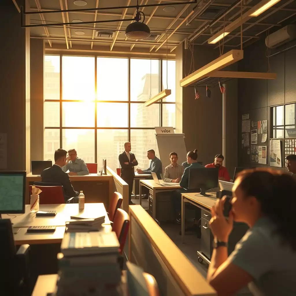 A busy office environment in New York City, featuring workers in discussion, empty desks, and temporary staff engaged in tasks, conveying a sense of tension and resilience amidst corporate changes.