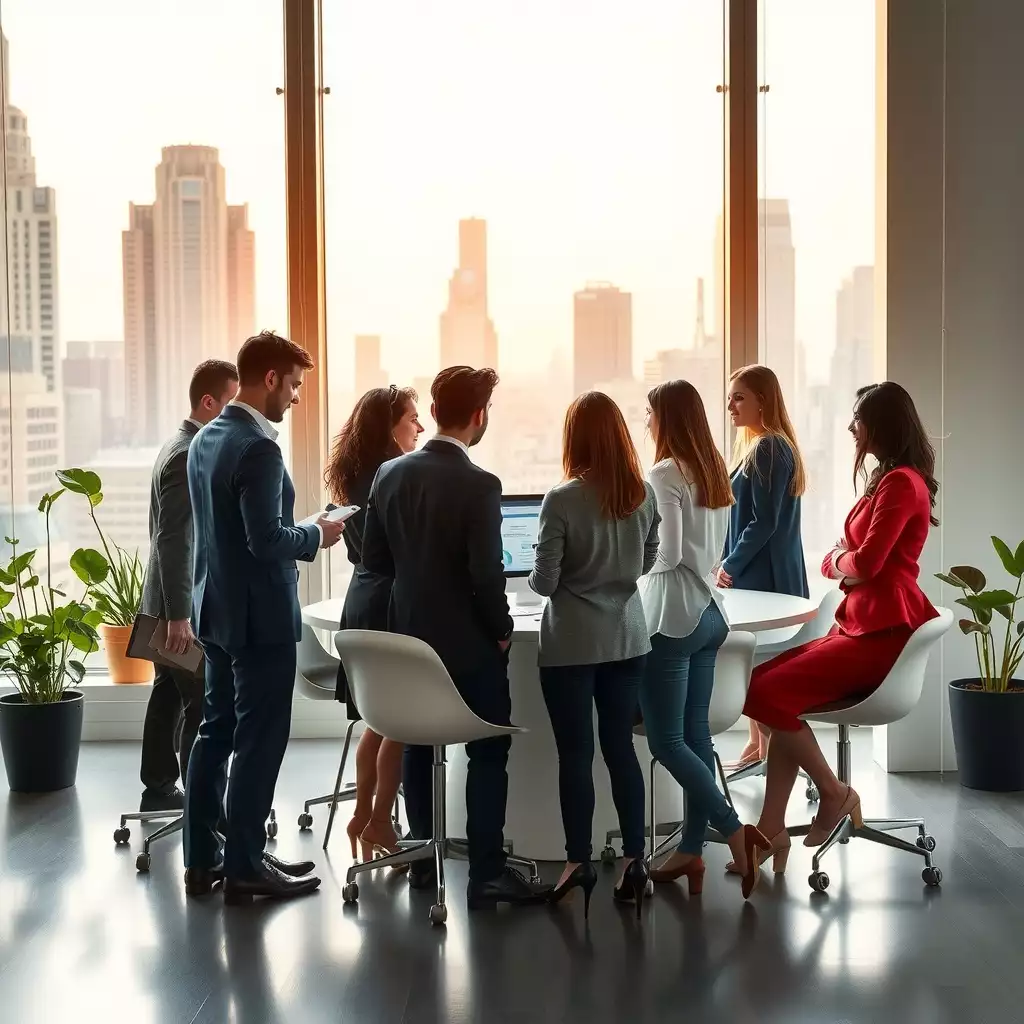 A modern conference room in New York with HR professionals engaged in discussion, surrounded by charts and reports on pay data reporting bills, reflecting collaboration and urgency in a dynamic office environment.