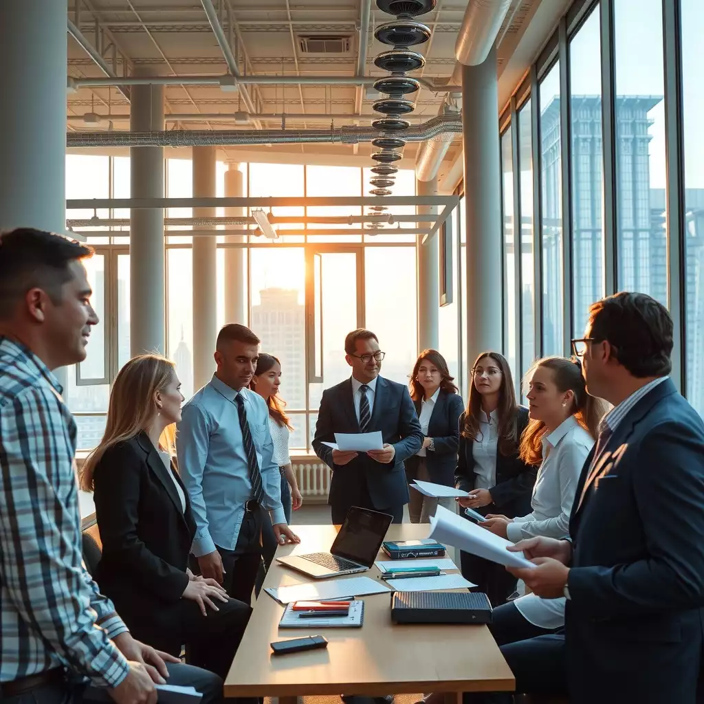 A modern office scene in New York City featuring a diverse group of professionals engaged in discussions, surrounded by documents and digital devices, conveying themes of teamwork and financial awareness.