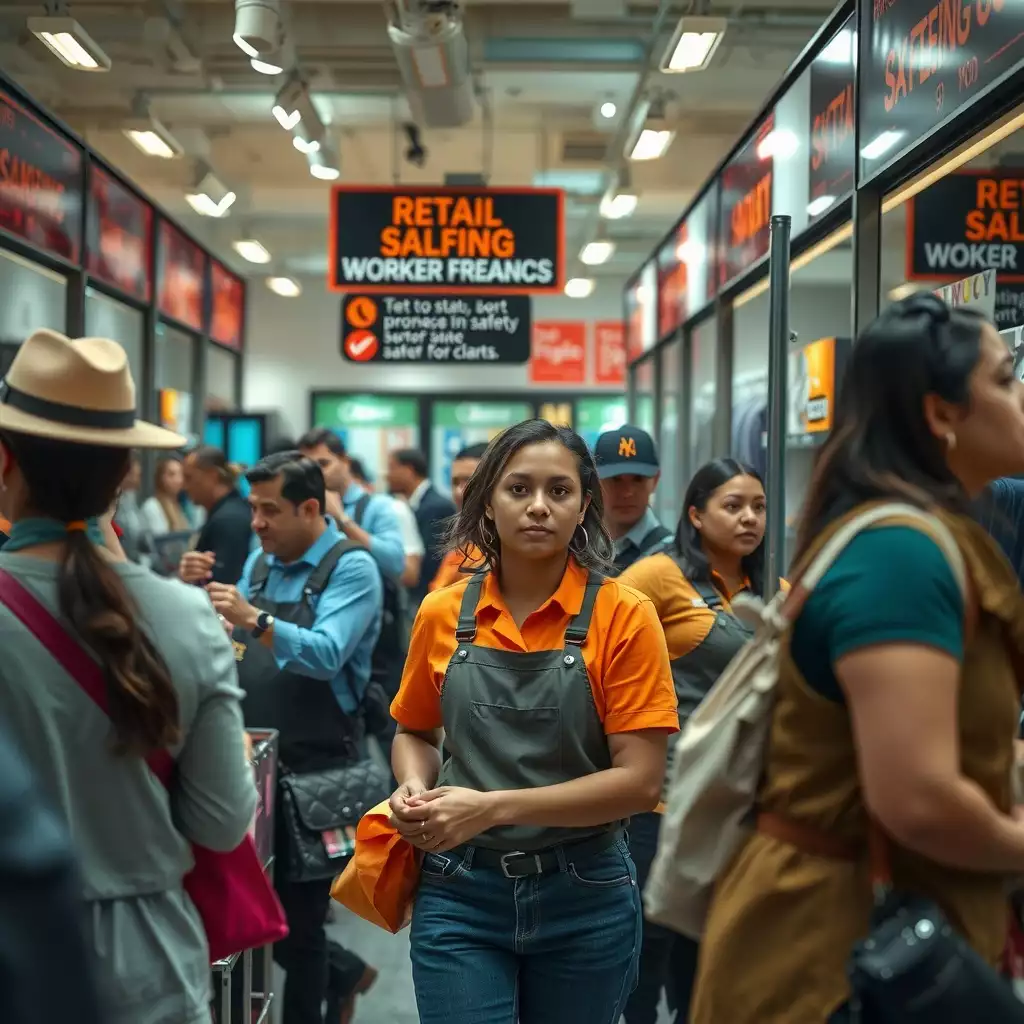 A bustling retail environment in New York showcasing diverse employees engaged in their duties, with vibrant displays and clear safety signage, conveying a sense of empowerment and collaboration amid customer interactions.