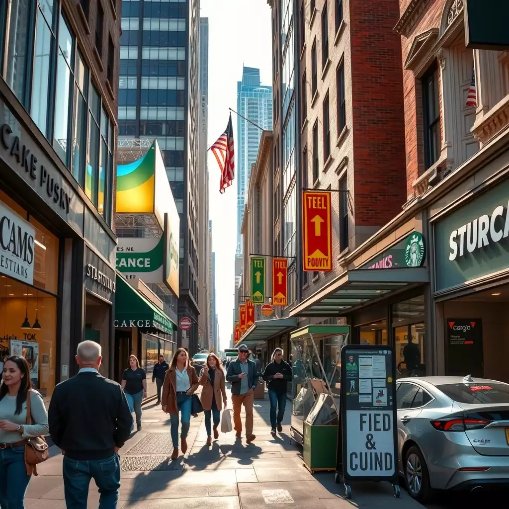 A vibrant New York street scene filled with bustling storefronts, busy pedestrians, and signs of collaboration and renewal in the retail landscape.