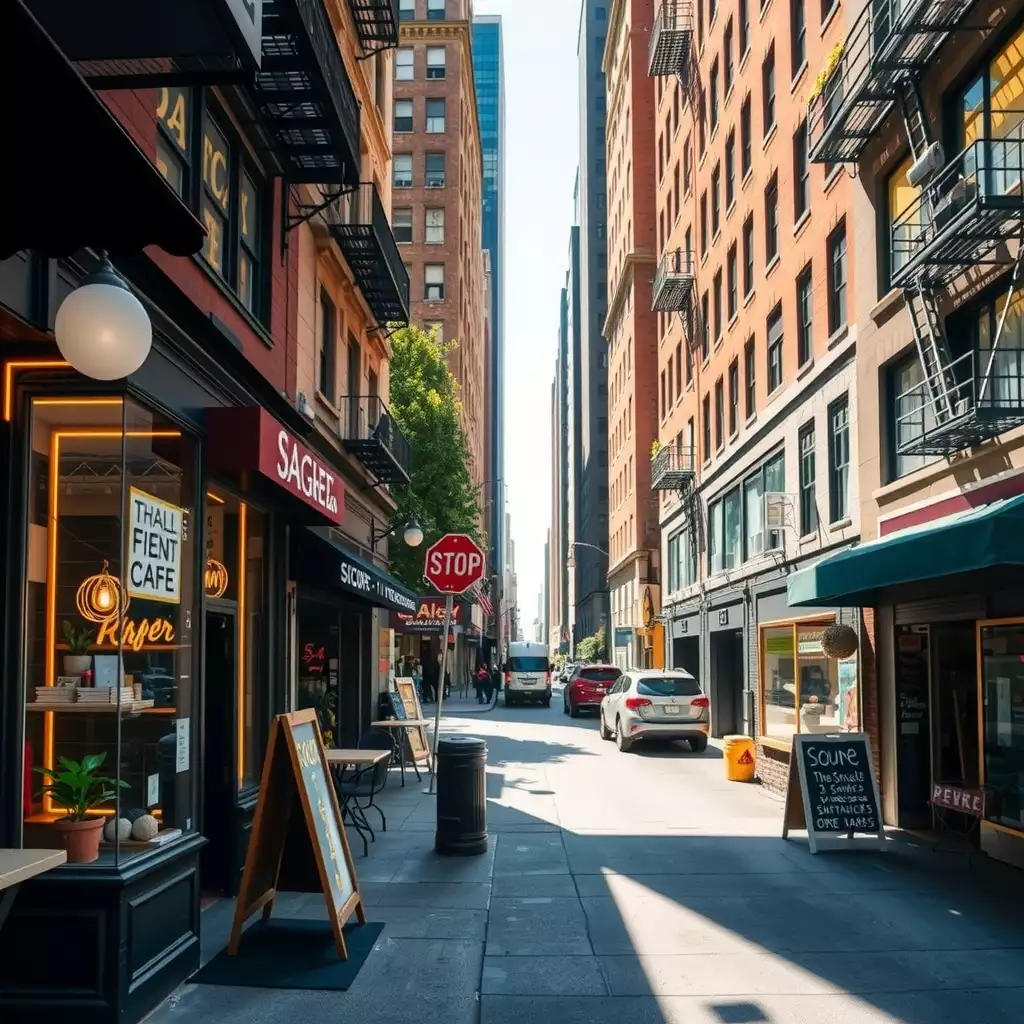 A vibrant New York City street scene showcasing small businesses, including cafes and artisanal shops, bustling with activity. The composition highlights resilience and community spirit, with elements suggesting safety measures and support amidst urban dynamics.