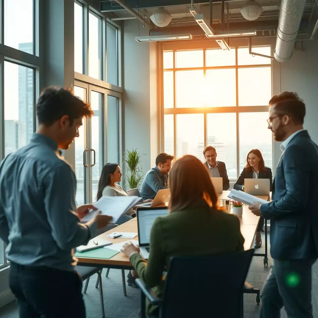 A dynamic office environment in New York City, featuring diverse professionals collaborating around laptops and documents, capturing the energy and urgency of staffing firms navigating legal challenges.