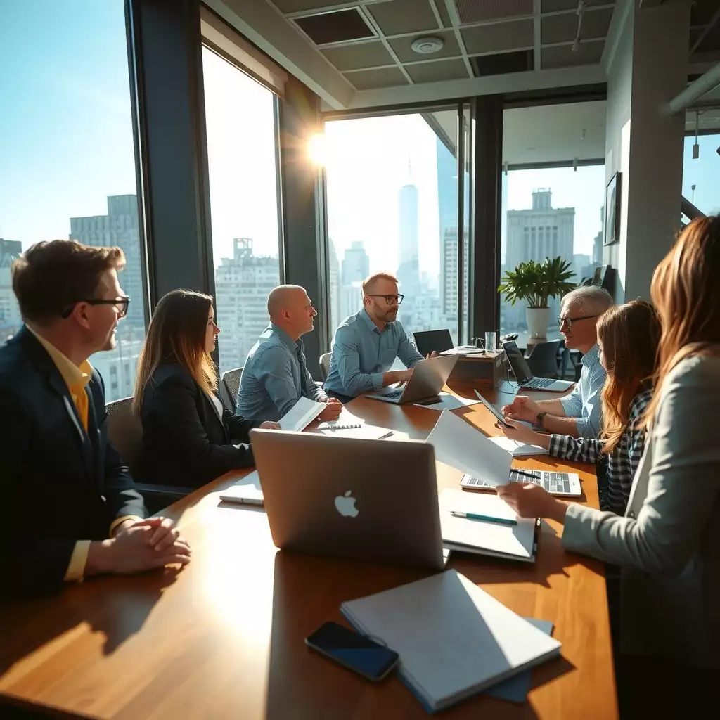 A busy office setting in New York City with professionals collaborating around a conference table, surrounded by documents and digital devices, reflecting discussions on tax changes and hiring strategies.