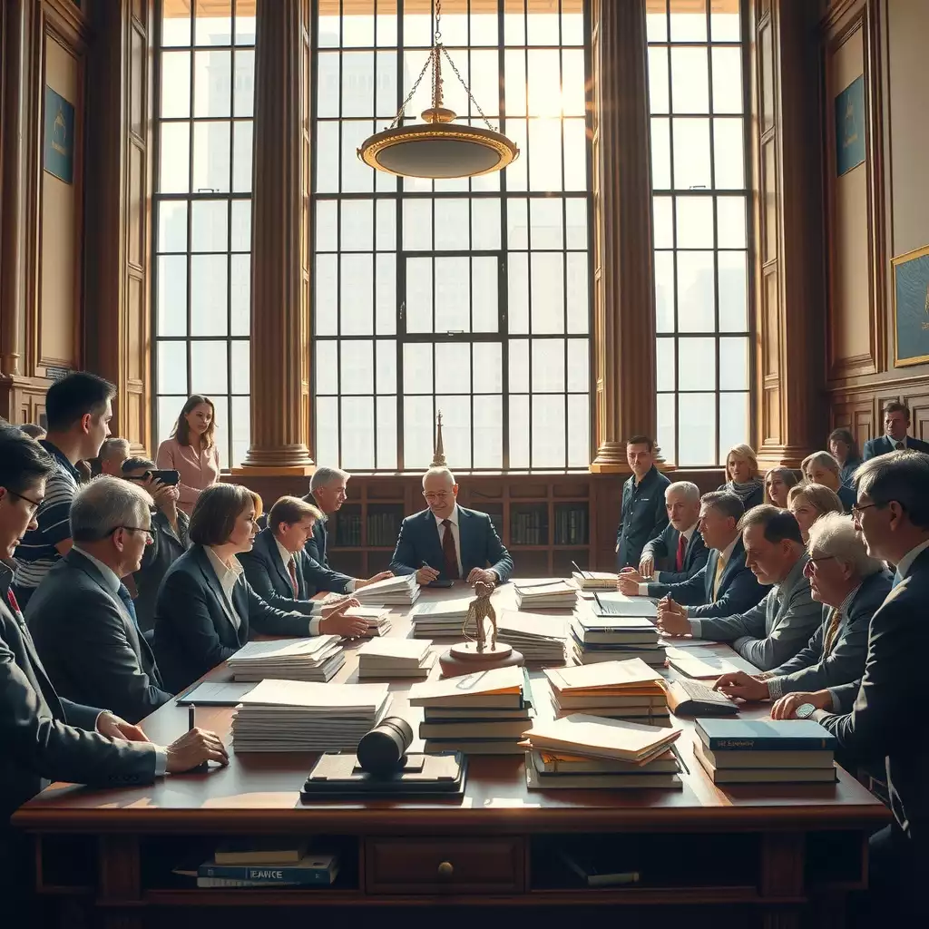 Dynamic courtroom scene depicting a legal discussion on New York Warehouse Injury Law, featuring attorneys in debate, diverse individuals representing warehouse workers and employers, and stacks of legal documents.