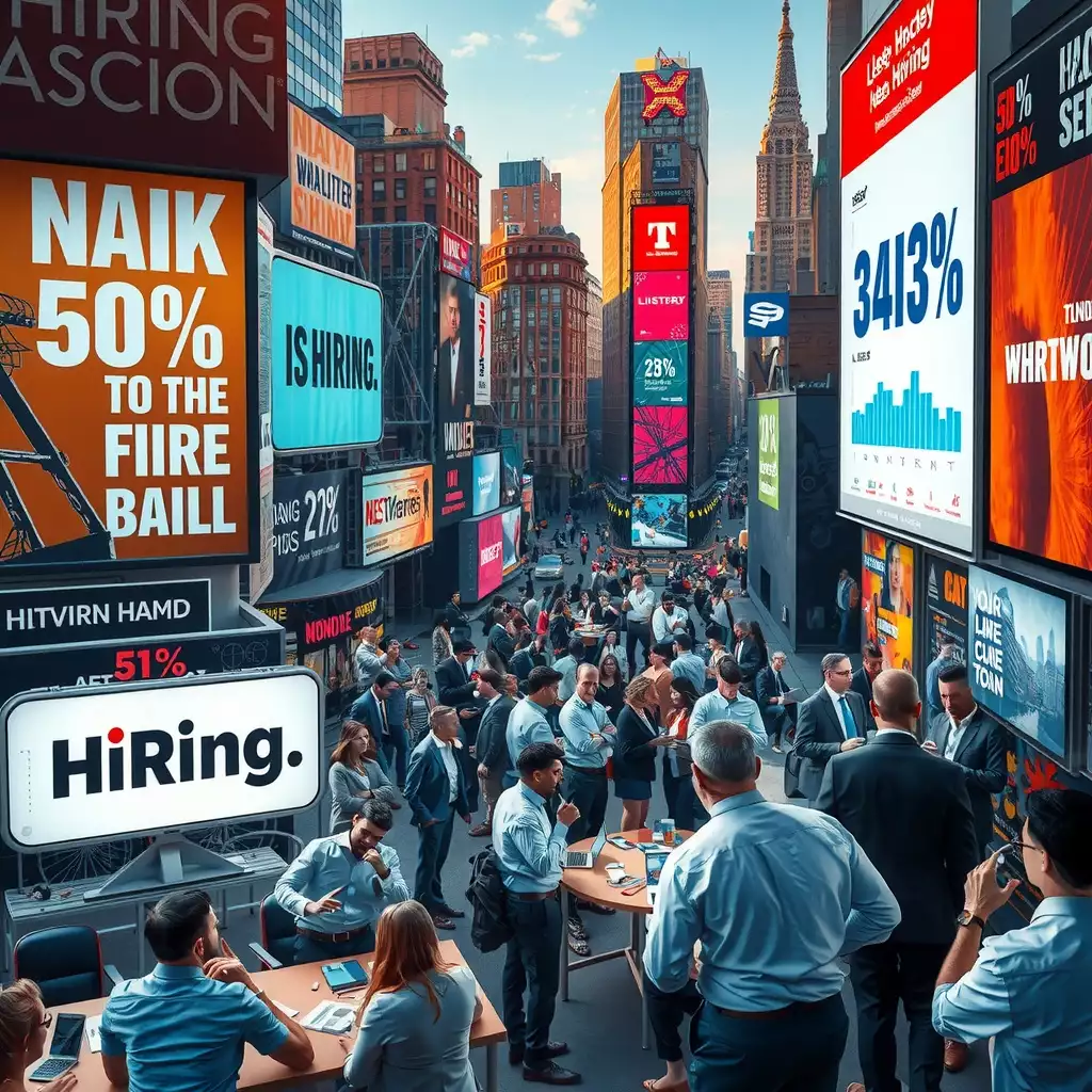A bustling urban scene depicting diverse professionals collaborating in modern office spaces, with digital screens showcasing hiring statistics and trends, conveying a sense of urgency and innovation in today's hiring landscape.