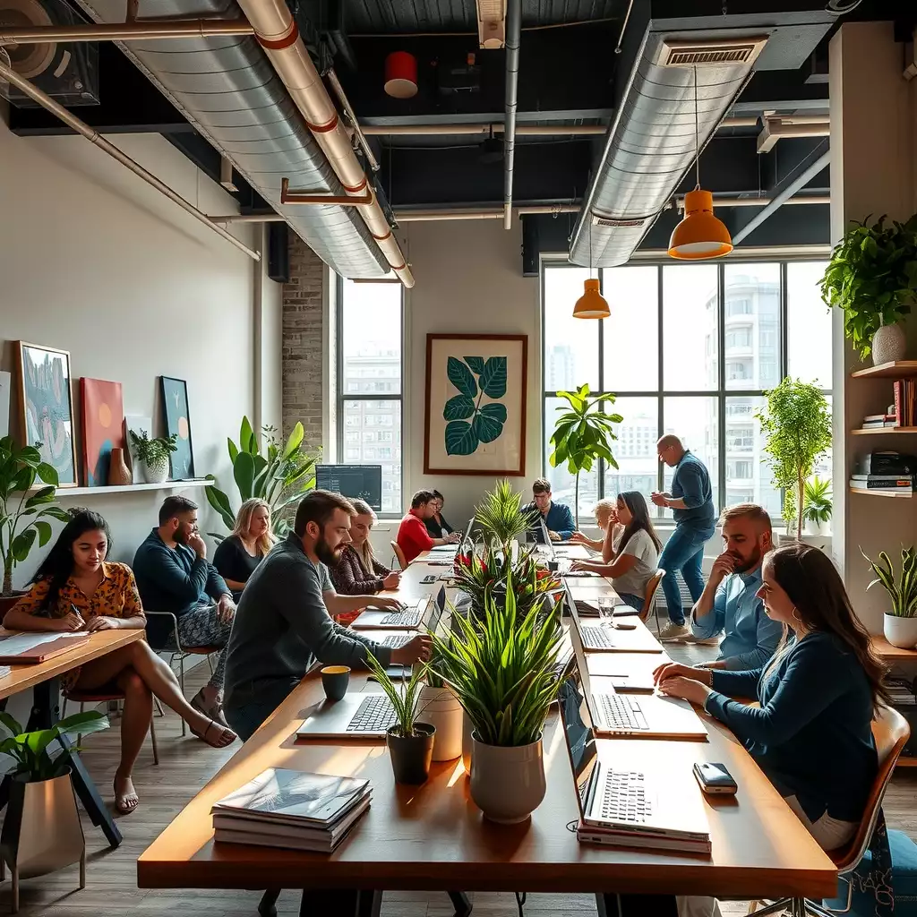 A vibrant co-working space in Brooklyn filled with diverse individuals collaborating, surrounded by greenery and local art, showcasing a warm and inviting atmosphere that fosters creativity and community spirit.