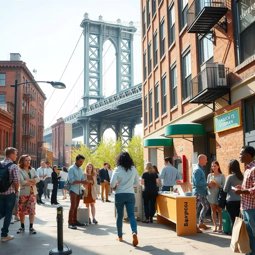 A diverse group of agency staff engaged in an onboarding session, interacting and collaborating in a vibrant Brooklyn workspace, with iconic urban architecture visible in the background.