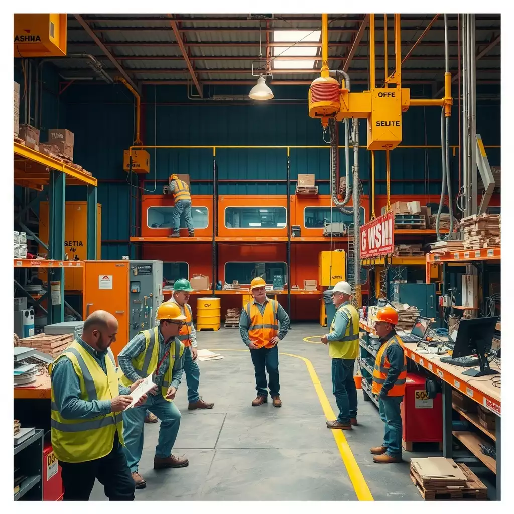 A bustling industrial workplace scene showcasing workers engaged in various tasks while practicing safety protocols, featuring visible safety equipment and training sessions, emphasizing the importance of OSHA compliance.