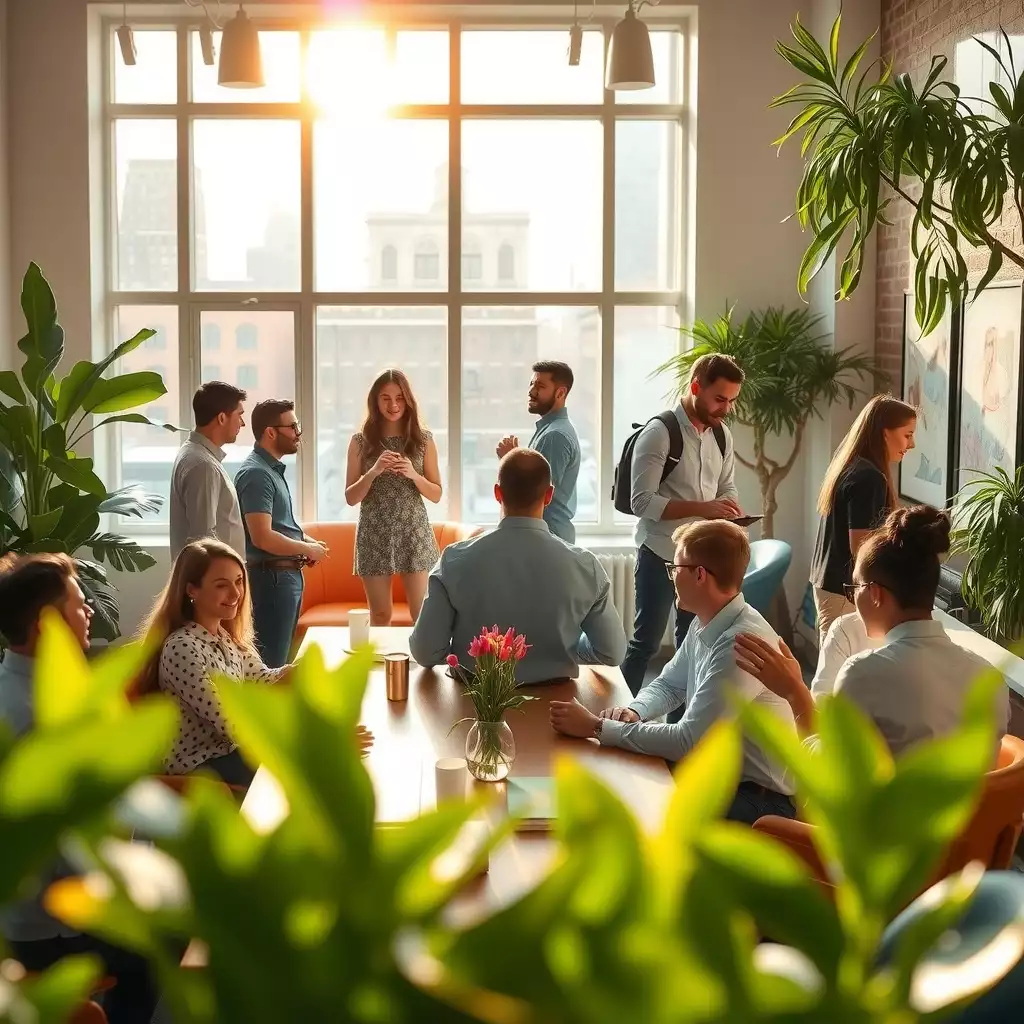 A vibrant workspace in Brooklyn filled with diverse professionals collaborating, discussing ideas, and reviewing documents amidst modern furnishings and creative artwork.