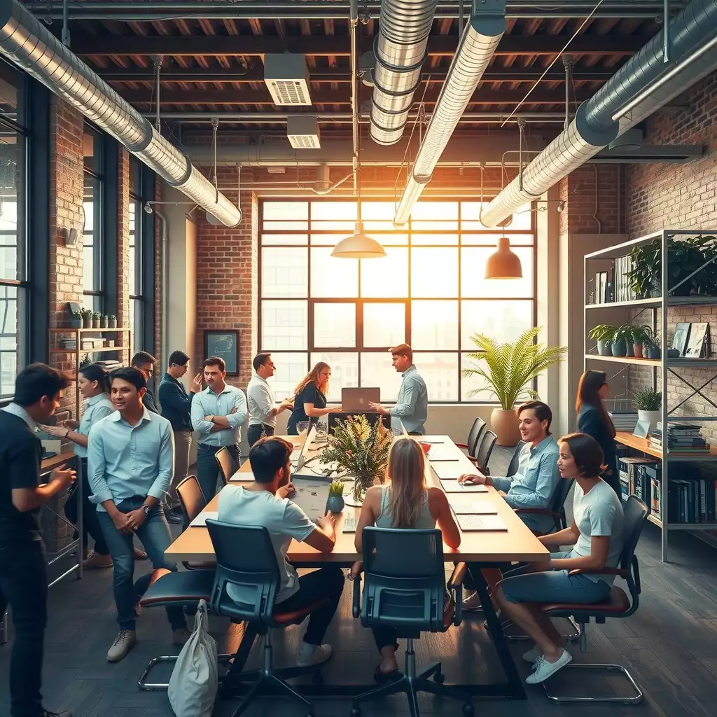 A vibrant co-working space in Brooklyn featuring diverse professionals collaborating, with modern design elements and local cultural touches.