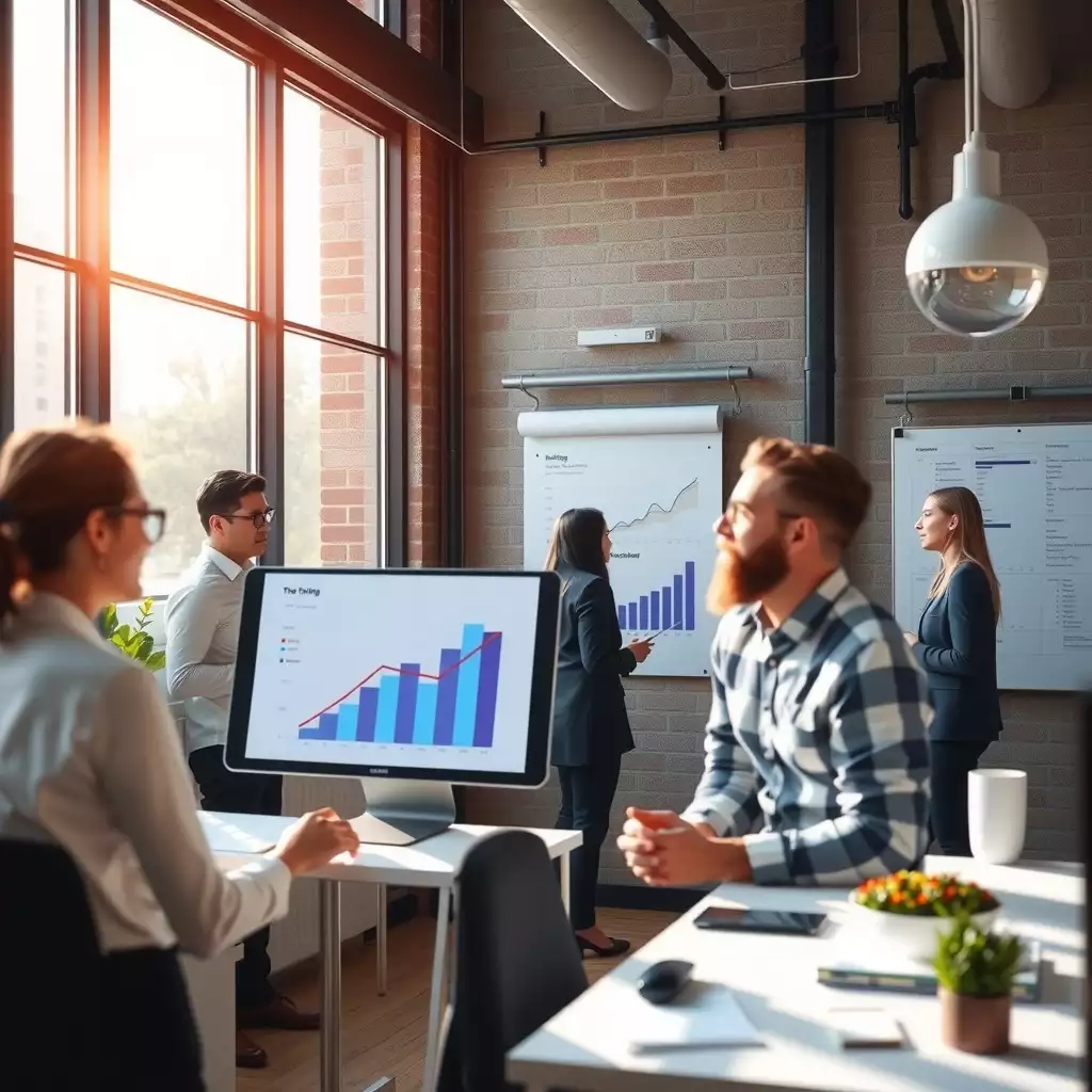 A modern office workspace in Brooklyn, featuring professionals collaborating around a large table, with charts and graphs displayed on screens and whiteboards, reflecting a vibrant atmosphere of productivity and innovation.