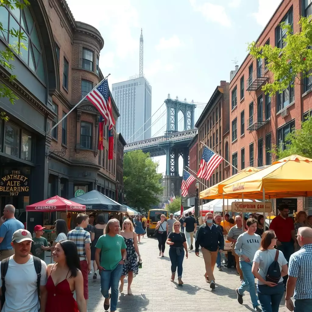 A vibrant scene in Brooklyn showcasing iconic landmarks, diverse crowds enjoying outdoor activities, street vendors, and lush green parks during a seasonal celebration.