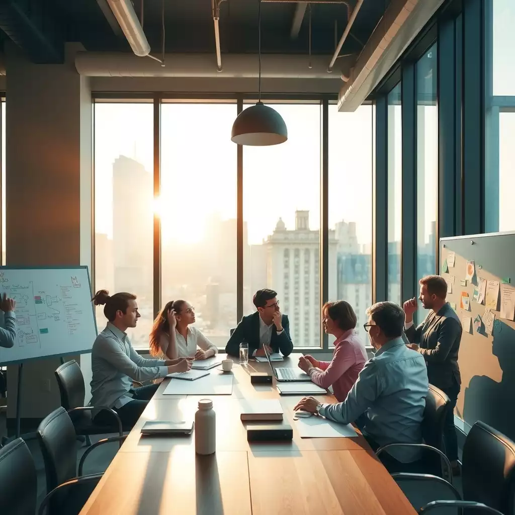 A diverse group of professionals collaborating around a large conference table in a modern Brooklyn office, with whiteboards filled with colorful diagrams and an urban skyline visible through large windows.