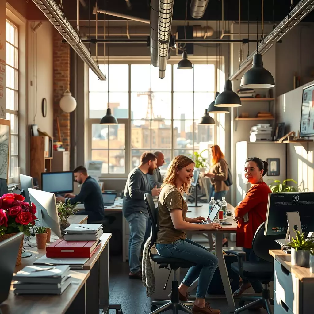 A vibrant Brooklyn worksite featuring modern workstations and collaborative spaces, showcasing agency workers in a dynamic and organized environment.
