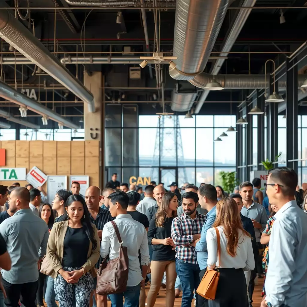 A vibrant Brooklyn job market scene showcasing diverse professionals networking, collaborating in co-working spaces, and engaging in lively discussions, reflecting the borough's innovative spirit and cultural richness.