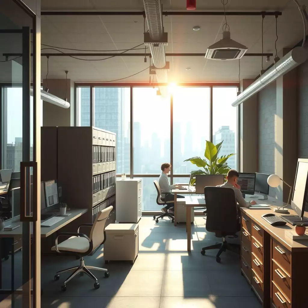 A modern Brooklyn office space featuring secure storage solutions, advanced technology, and collaborative workspaces, showcasing a vibrant and professional atmosphere.