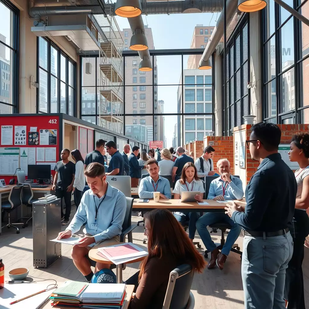 A vibrant Brooklyn workspace filled with diverse professionals engaged in collaborative discussions and creative brainstorming, set against a backdrop of unique urban architecture.