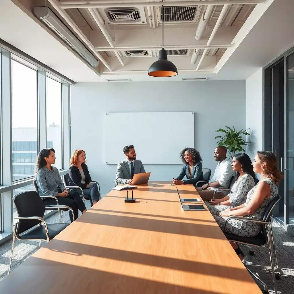 A diverse group of interviewers and candidates engaged in a collaborative discussion in a bright, modern conference room, highlighting inclusivity and professionalism.