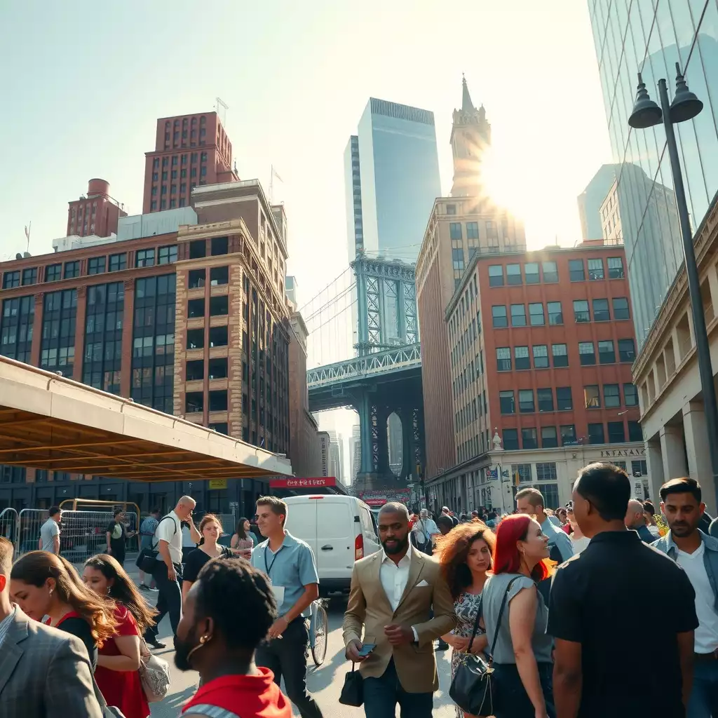 A vibrant Brooklyn scene showcasing modern office buildings and creative workspaces, with diverse teams collaborating and embodying the energy and innovation of the borough's agency landscape.