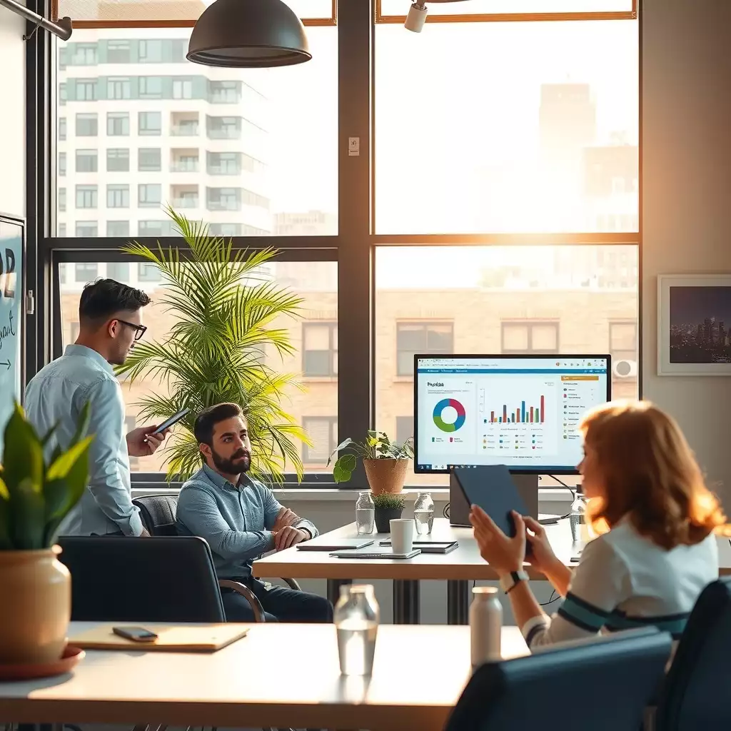 Modern office environment in Brooklyn with professionals collaborating around digital screens displaying pipeline metrics, reflecting creativity and teamwork.