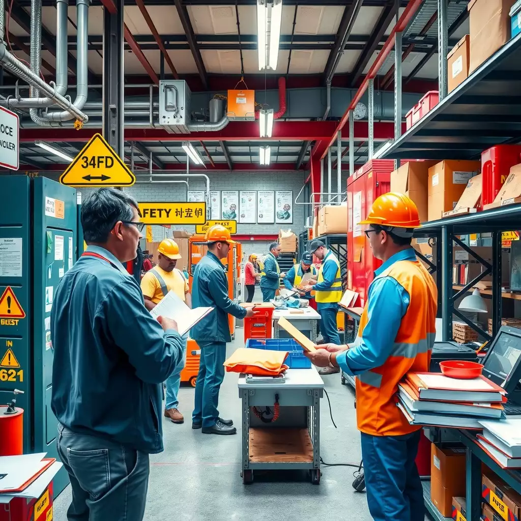 A bustling Brooklyn workplace scene showcasing employees engaged in various tasks, with visible safety signage and incident reporting tools, highlighting professionalism and adherence to safety protocols.