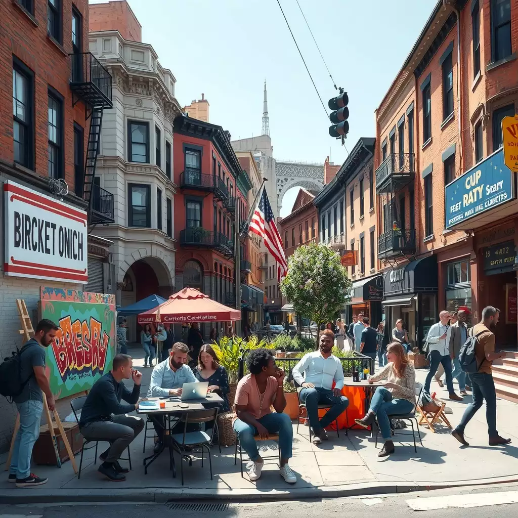 A vibrant urban scene in Brooklyn featuring diverse individuals engaged in various professional activities, including tech workers at a café, artists painting murals, and entrepreneurs discussing ideas, set against a backdrop of iconic brownstone buildings and colorful street art.
