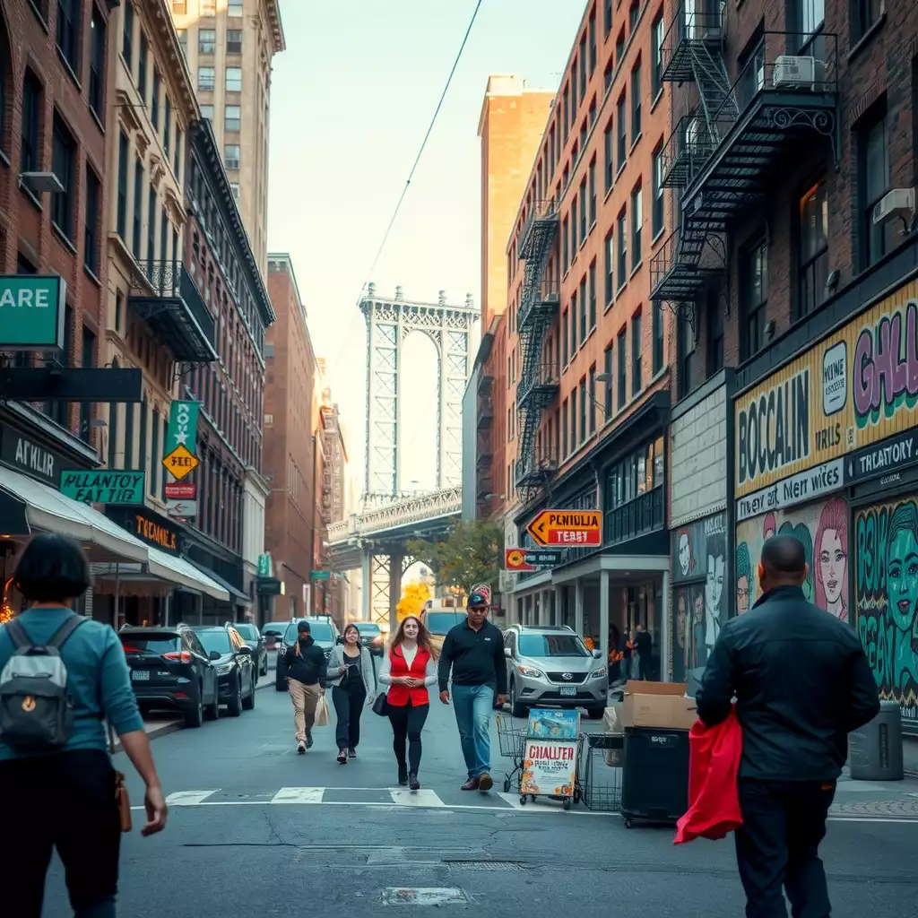 A vibrant urban scene in Brooklyn showcasing diverse agency workers engaged in various tasks, set against a backdrop of iconic neighborhoods, street art, and local culture.