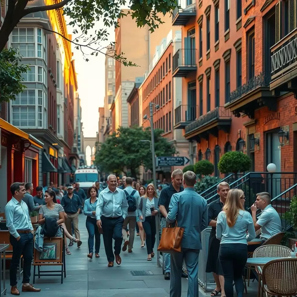 A vibrant Brooklyn street scene featuring brownstone buildings, outdoor cafes bustling with people, and elements of the legal profession subtly integrated throughout.