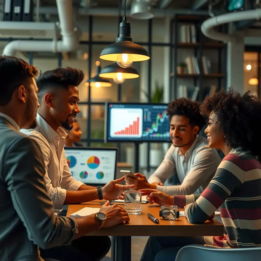 A vibrant office scene in Brooklyn showcasing a diverse team engaged in collaborative performance reviews, with modern decor, warm lighting, and charts displayed on screens highlighting teamwork and professional growth.