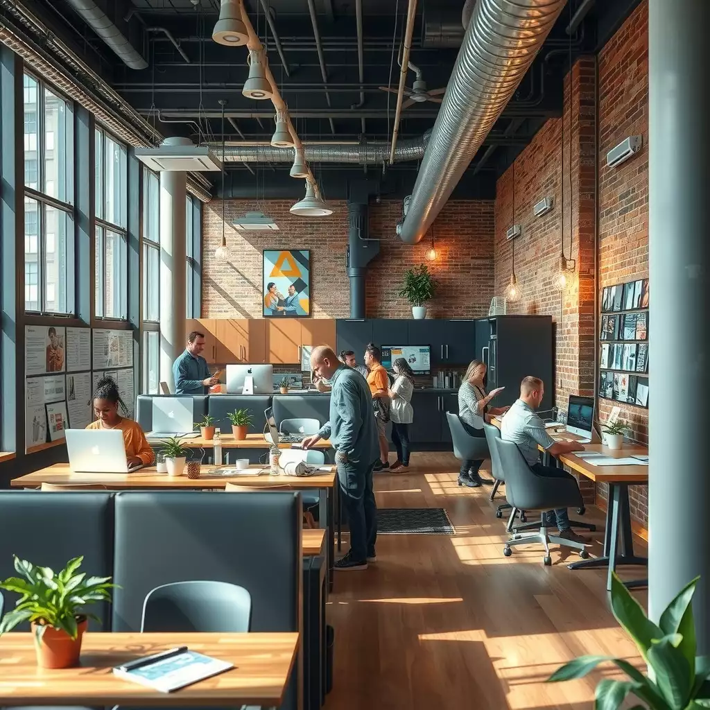 A vibrant workspace in Brooklyn showcasing diverse teams collaborating on innovative projects, highlighting the borough's unique cultural elements and dynamic energy.