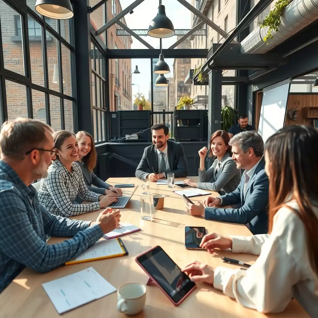 A diverse group of professionals engaged in a dynamic team meeting around a large table in a modern Brooklyn workspace, with digital devices and notes scattered about, capturing an atmosphere of collaboration and innovation.