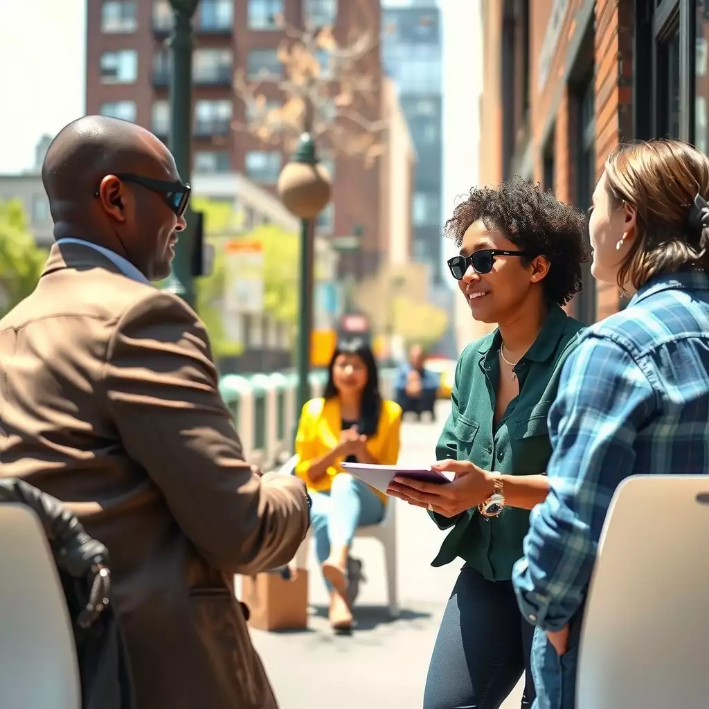 A vibrant interview scene in Brooklyn featuring diverse candidates and interviewers engaged in conversation, set against an urban backdrop that conveys professionalism and opportunity.