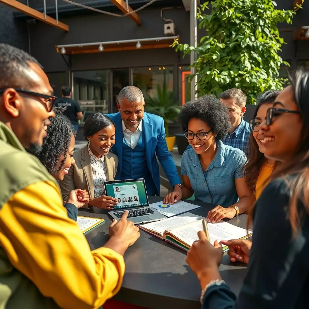 A diverse group of individuals engaging in a candidate screening process, showcasing enthusiastic discussions, digital assessment tools, and an array of candidate profiles that emphasize collaboration and community involvement.