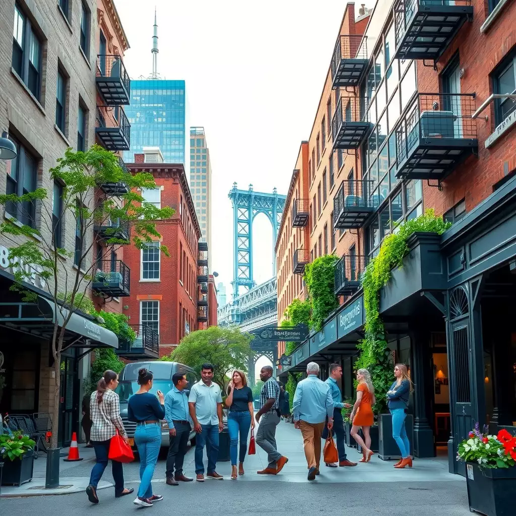 A vibrant Brooklyn neighborhood scene showcasing diverse individuals engaged in professional discussions outside modern office spaces, surrounded by iconic architecture and greenery.