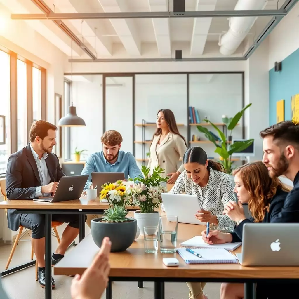 A modern office workspace in Brooklyn, featuring diverse employees collaborating over laptops, showcasing professionalism and a vibrant work atmosphere.