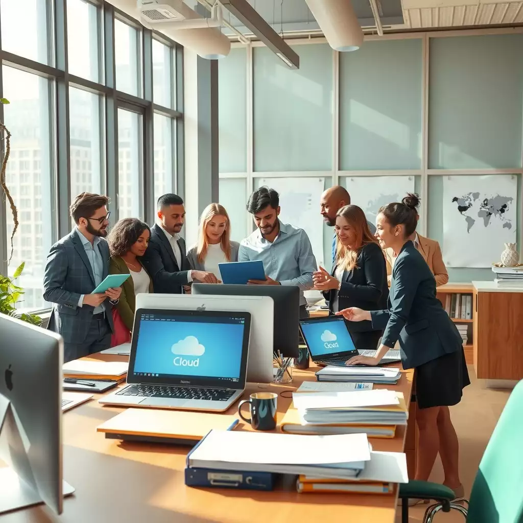 A modern office environment in Brooklyn with HR professionals discussing document retention, featuring sleek desks, organized files, and digital devices.