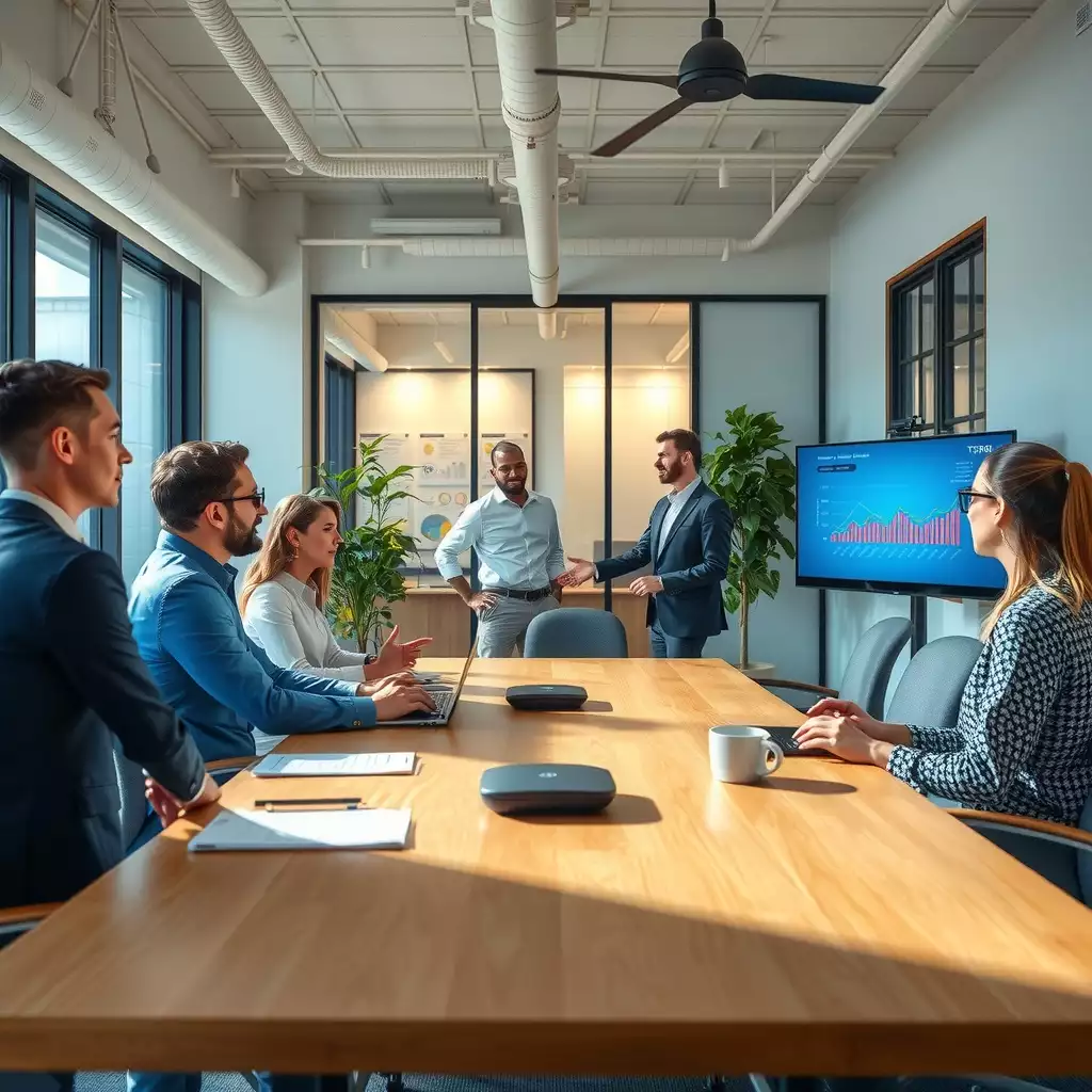 A vibrant office scene in Brooklyn showcasing professionals collaborating around a conference table, with modern technology and workforce analytics displayed on screens, reflecting the innovative spirit of a staffing agency.