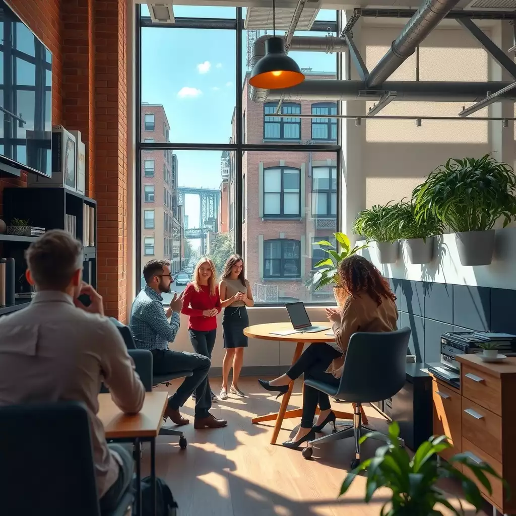 A vibrant and modern workspace in Brooklyn, featuring busy professionals collaborating amidst elements of urban culture and creativity.