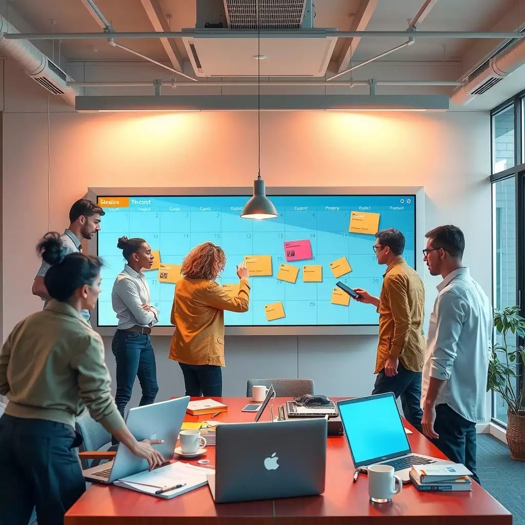 A diverse group of employees collaborating around a high-tech digital scheduling board in a modern workplace, surrounded by laptops, coffee cups, and documents, creating an atmosphere of flexibility and teamwork.