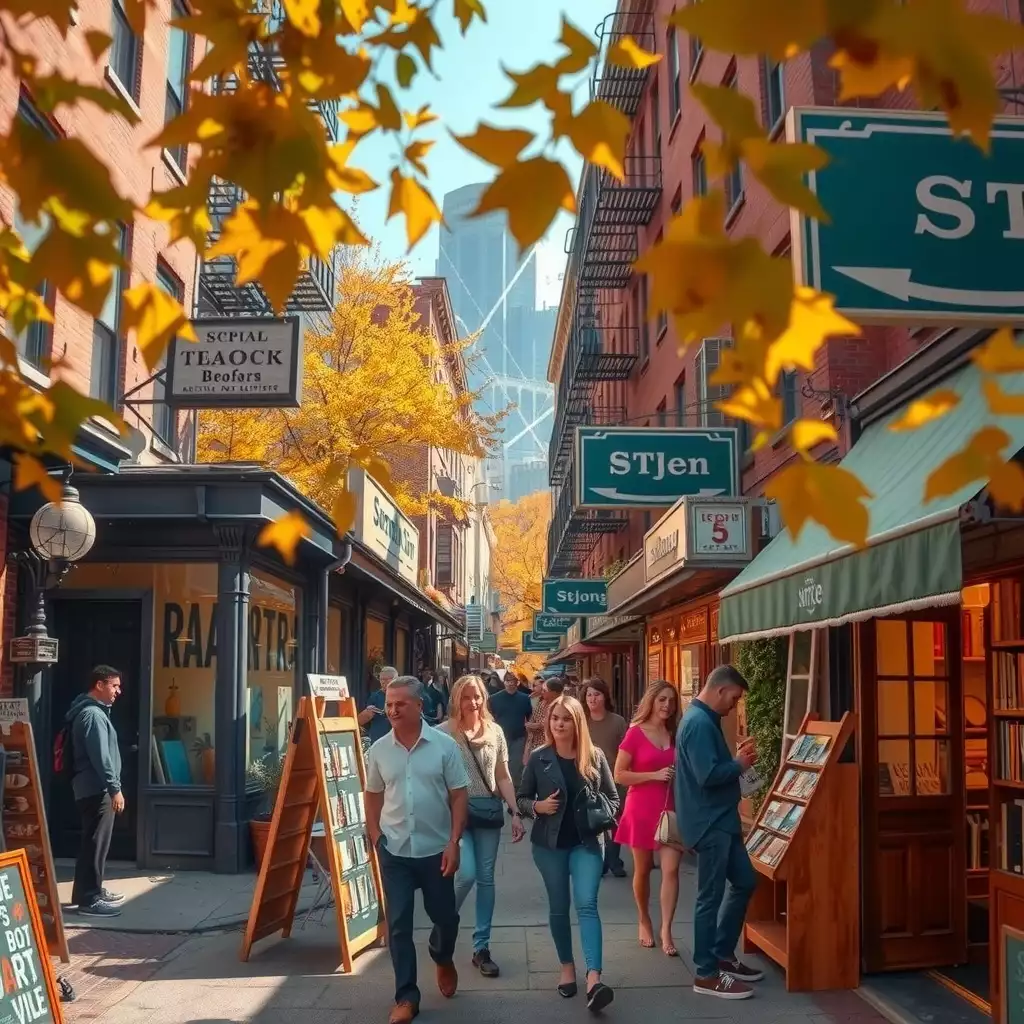 A vibrant street scene in Brooklyn featuring unique storefronts, artisanal goods, and a diverse community interacting in a lively atmosphere filled with autumn leaves.