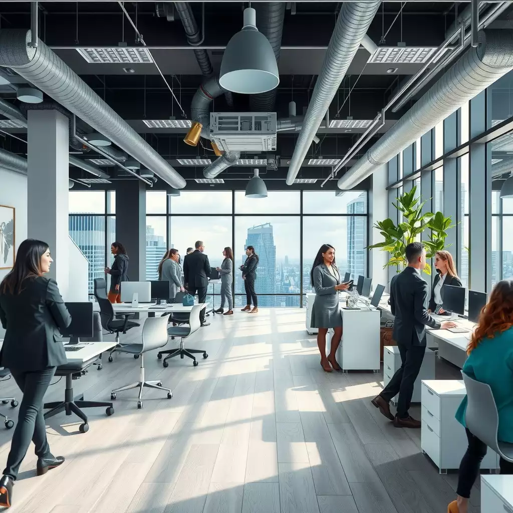 A bustling office environment in Brooklyn featuring diverse professionals engaged in discussions, showcasing modern decor and a sense of collaboration and ambition.