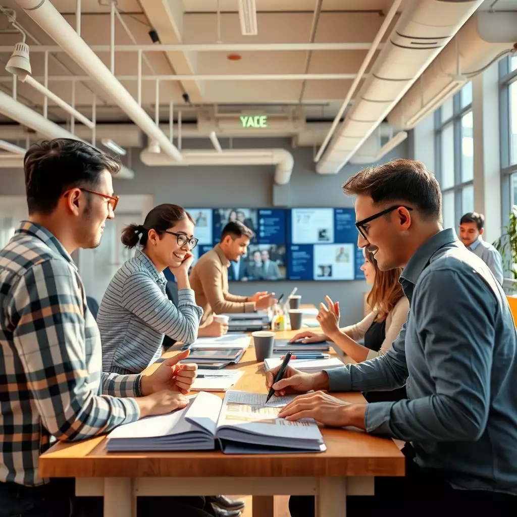 A vibrant modern office space in Brooklyn featuring diverse team members collaborating during an onboarding session, with digital screens displaying information in the background.