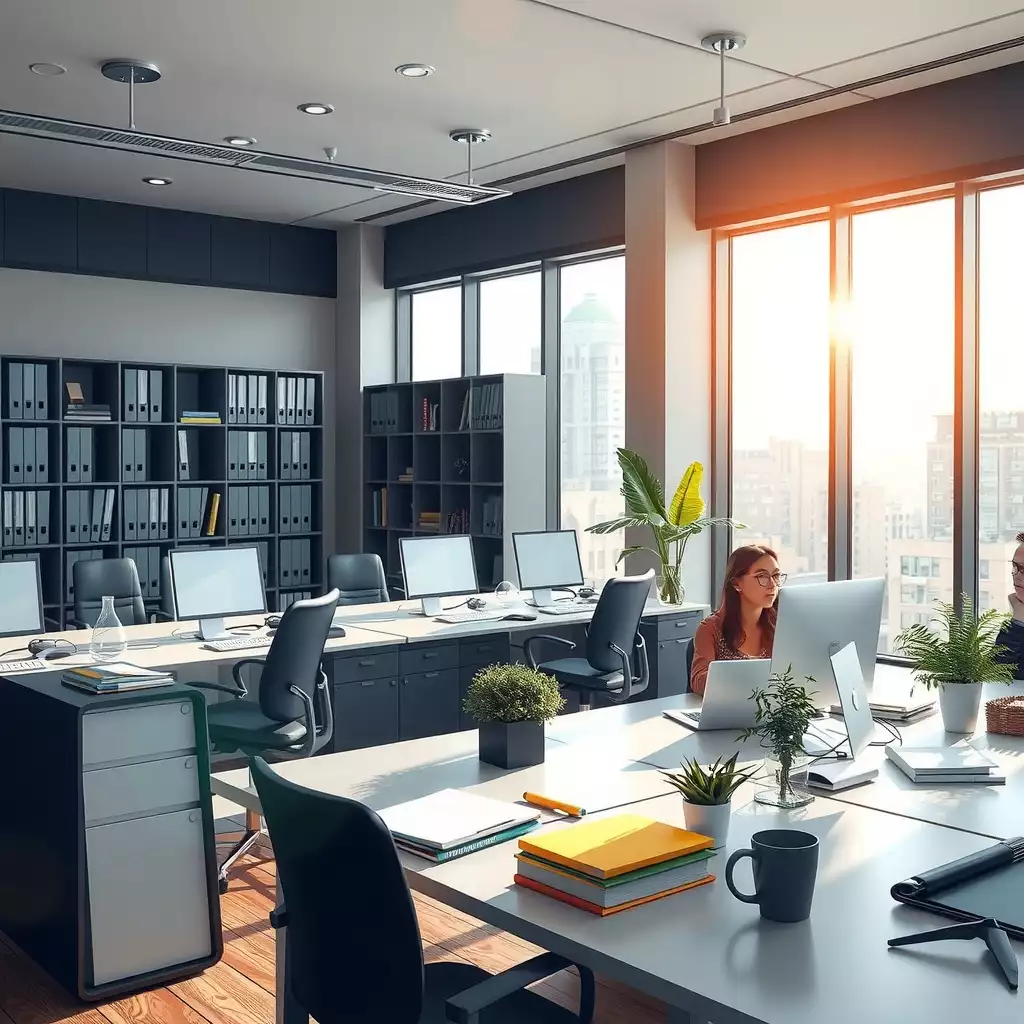 A modern office environment in Brooklyn featuring organized workspaces, neatly arranged files, digital tools, and team members collaborating effectively.