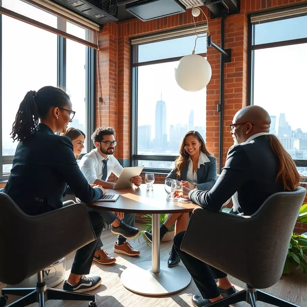 A diverse group of professionals engaged in a collaborative interview in a modern co-working space, with Brooklyn's skyline visible through large windows.