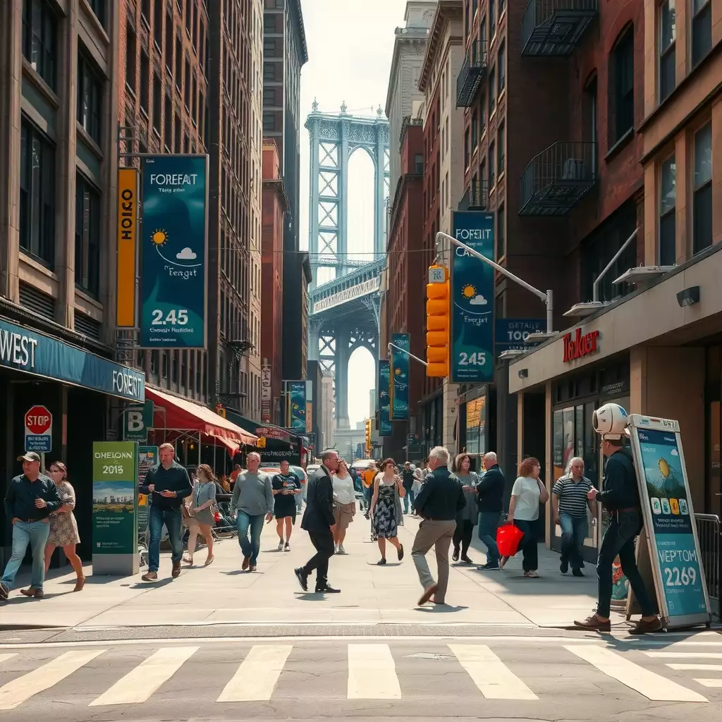 A vibrant urban scene in Brooklyn, featuring bustling streets with people engaged in daily activities, modern technology, and visual elements related to weather forecasting.