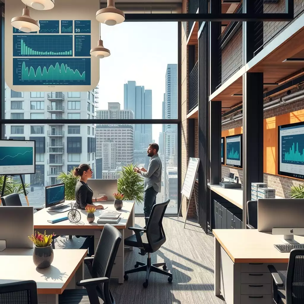 A modern Brooklyn workspace featuring sleek workstations and collaborative areas, with digital dashboards displaying real-time data analytics, embodying innovation and teamwork.