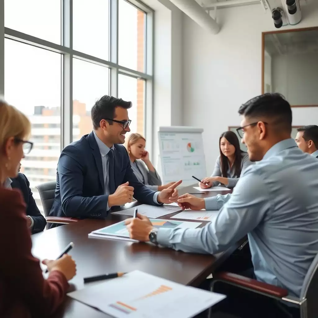 A group of engaged managers participating in a training session in a modern conference room, with visual aids such as charts and diagrams focused on co-employment boundaries, showcasing collaboration and professionalism.
