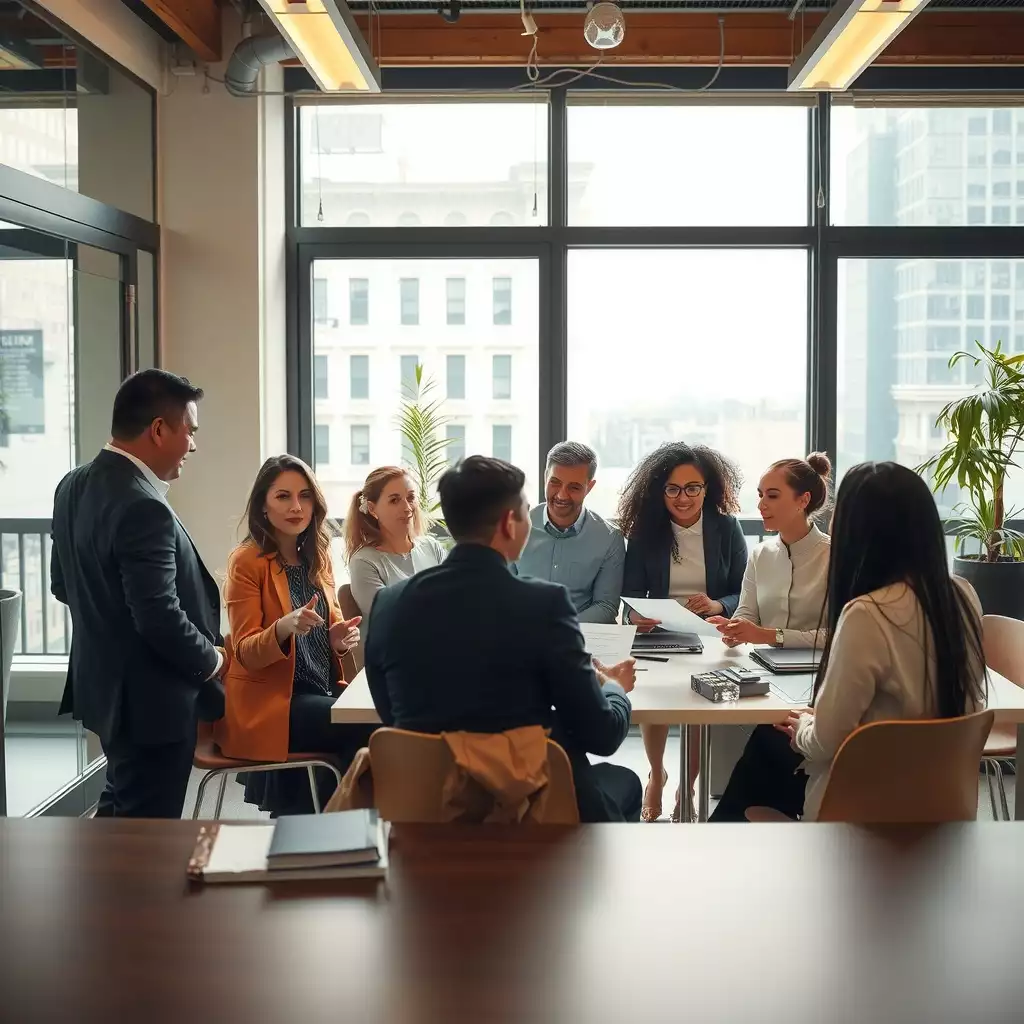 A diverse group of managers engaged in a dynamic training session in a modern office setting, collaborating and discussing legal interview questions with materials spread across the table.