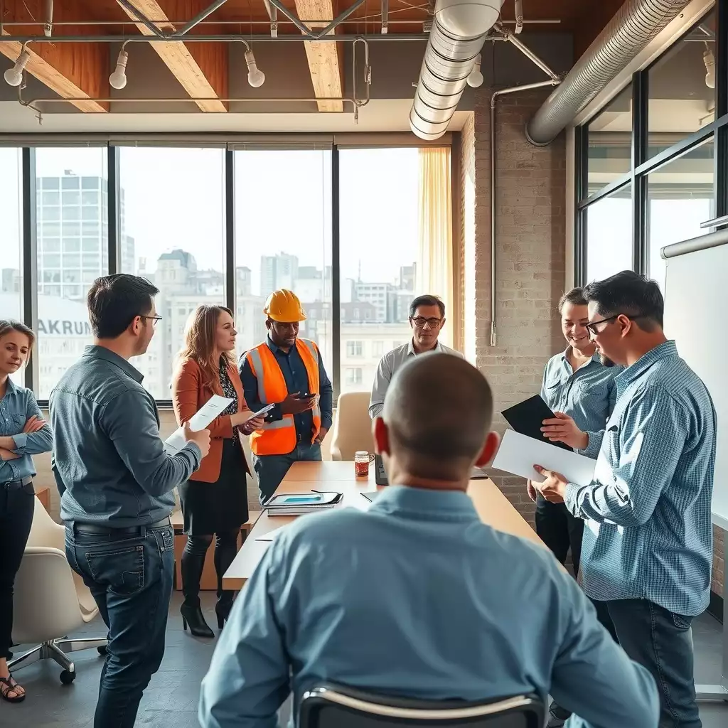 A diverse group of temporary staff engaged in a training session, focused on safety procedures in a bright urban training room, showcasing teamwork and professionalism.